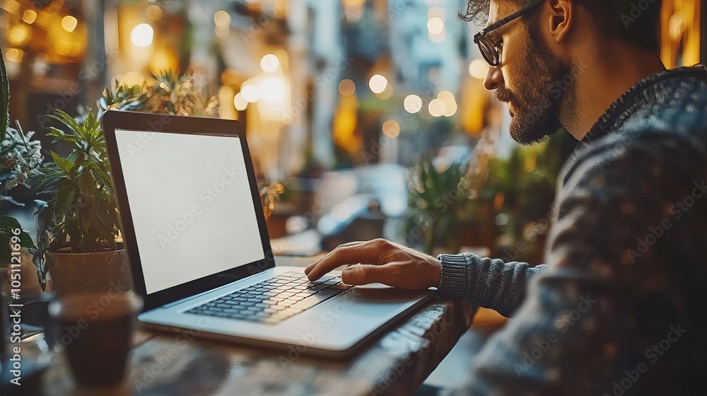 Poster close-up of man typing on laptop with white screen, focusing on the empty display.