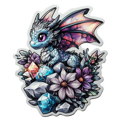 Cute Baby Dragon with Gems and Flowers