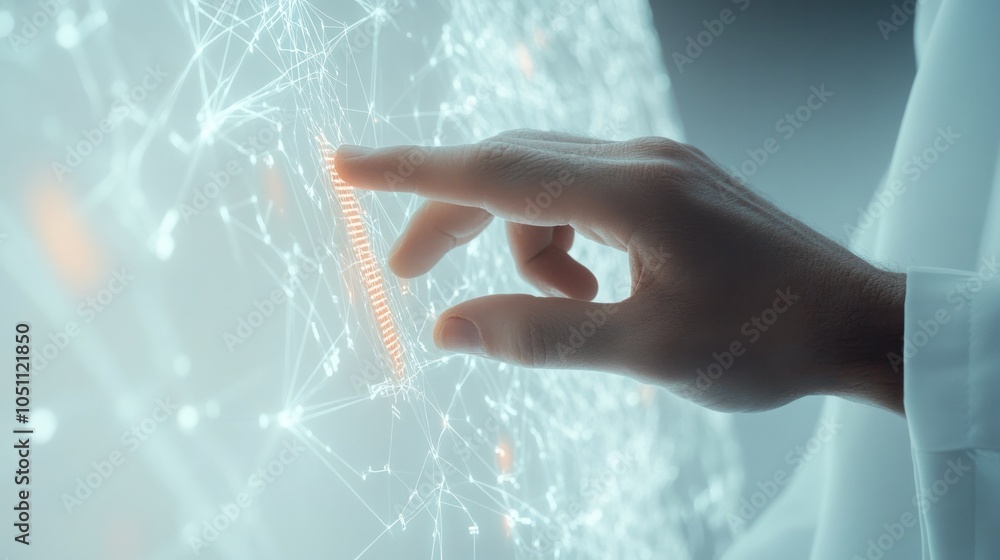 Aufkleber close-up of a doctor hand interacting with a virtual holographic screen showing health data and netw