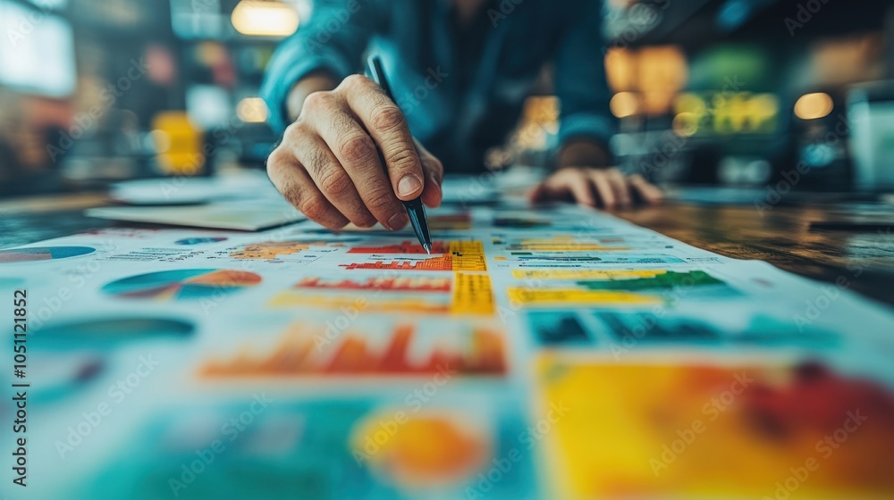 Poster a person analyzing colorful charts and graphs with a pen