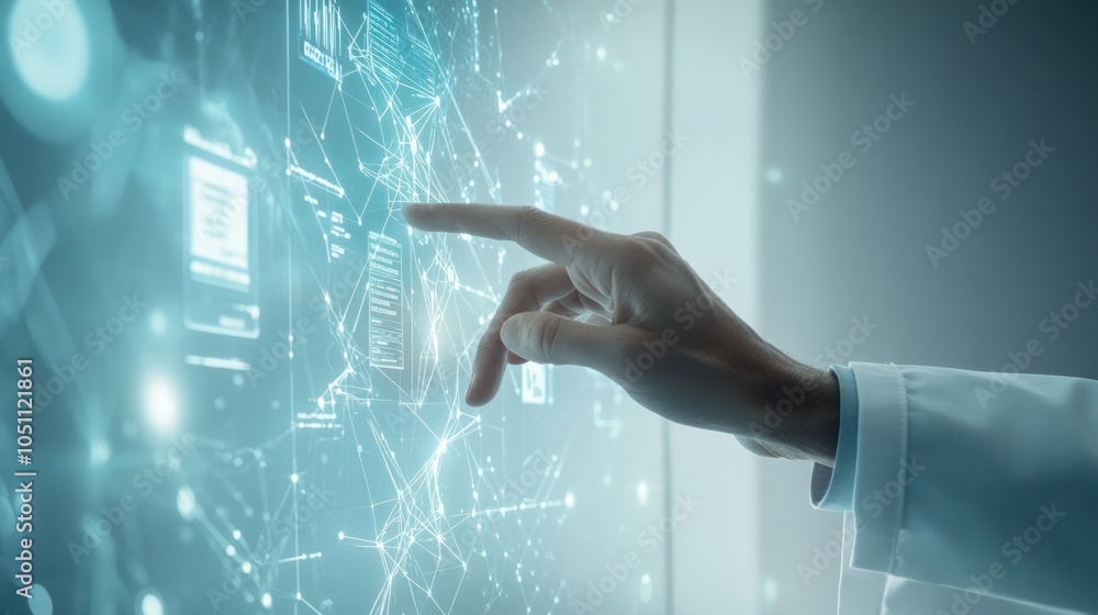 Aufkleber close-up of a doctor hand interacting with a virtual holographic screen showing health data and netw