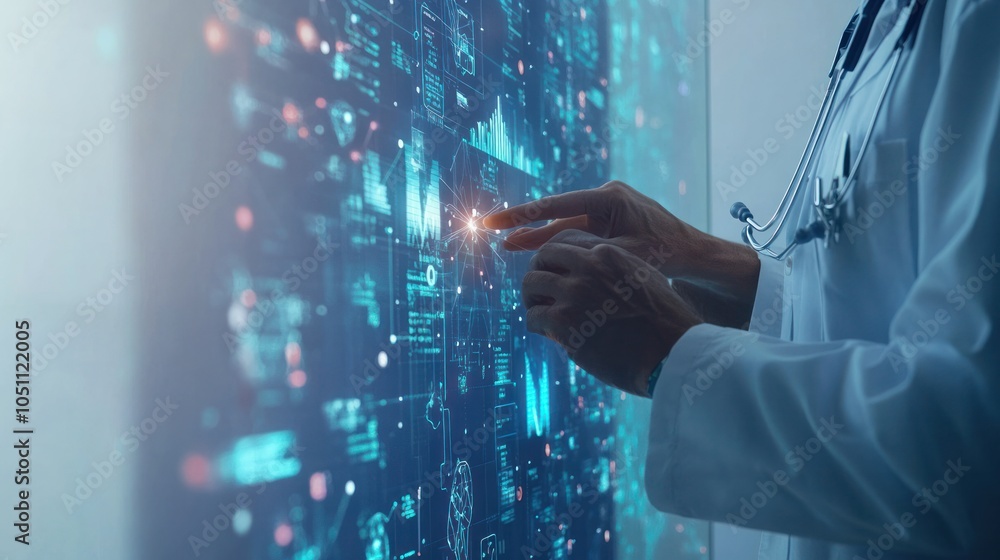 Poster close-up of a doctor hand interacting with a virtual holographic screen showing health data and netw