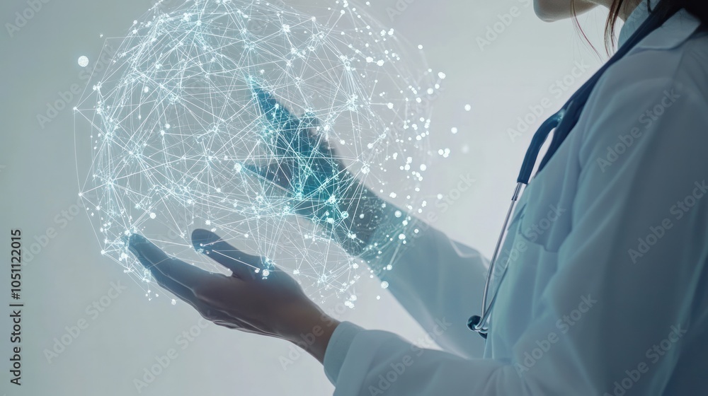 Aufkleber close-up of a doctor hand interacting with a virtual holographic screen showing health data and netw