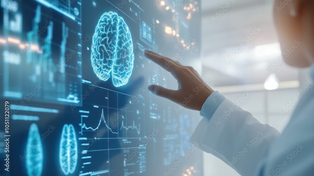 Aufkleber close-up of a doctor hand interacting with a virtual holographic screen showing health data and netw