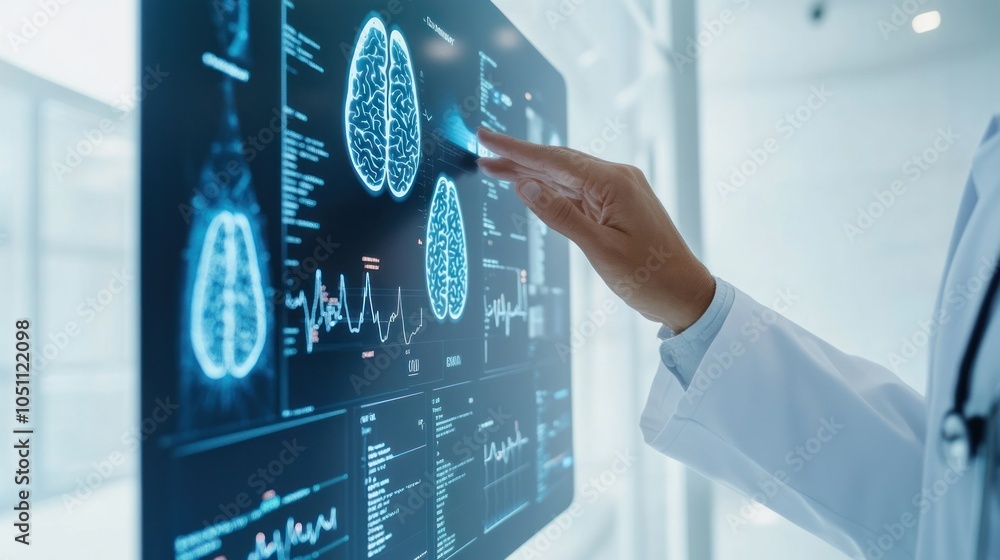 Aufkleber close-up of a doctor hand interacting with a virtual holographic screen showing health data and netw