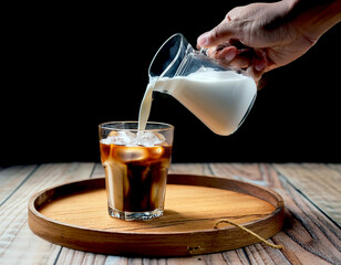 A close-up of a person adding milk to iced coffee in a glass, creating a creamy swirl in the...