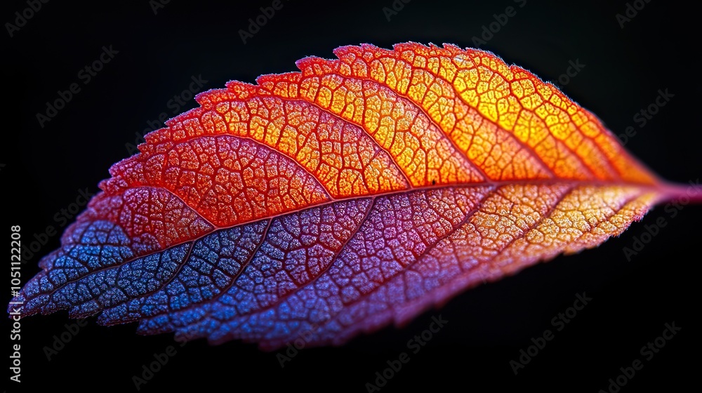 Poster close-up of an autumn leaf edge, with gradient of colors and delicate veins highlighted against dark
