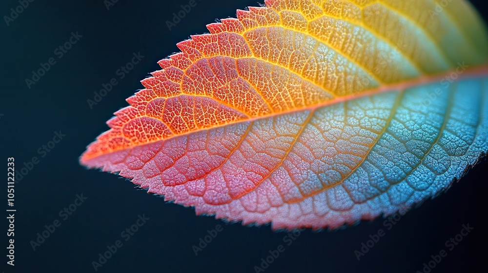 Poster close-up of an autumn leaf edge, with gradient of colors and delicate veins highlighted against dark