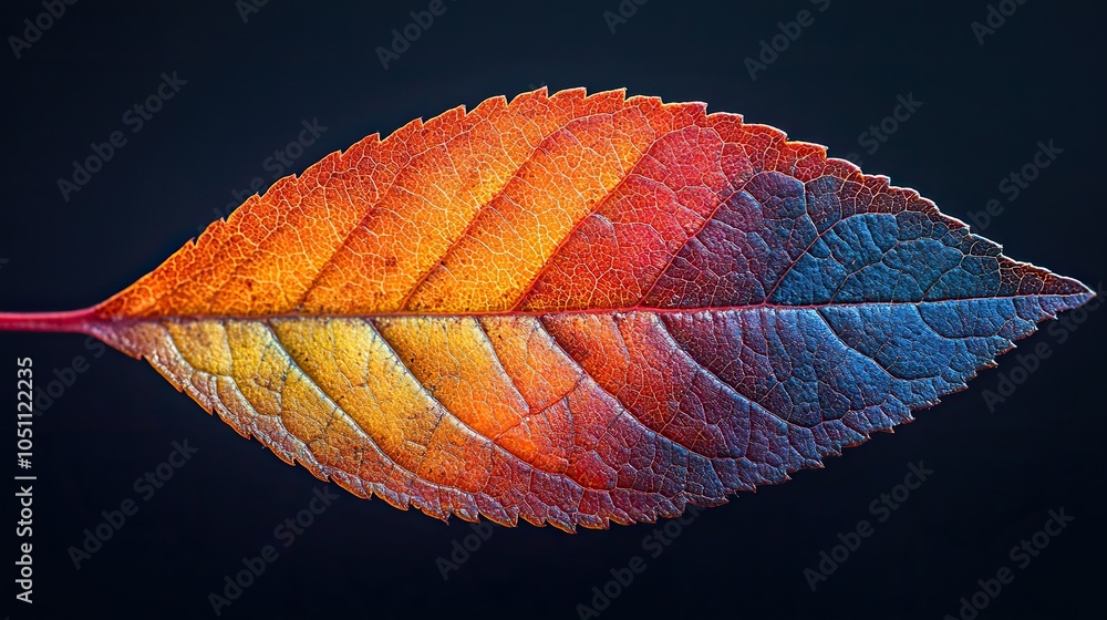 Poster close-up of an autumn leaf edge, with gradient of colors and delicate veins highlighted against dark background.