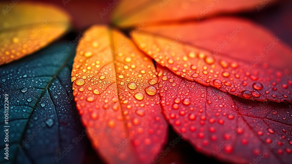 Poster close-up of an autumn leaf edge, with blended colors from green to red, highlighting the textured su