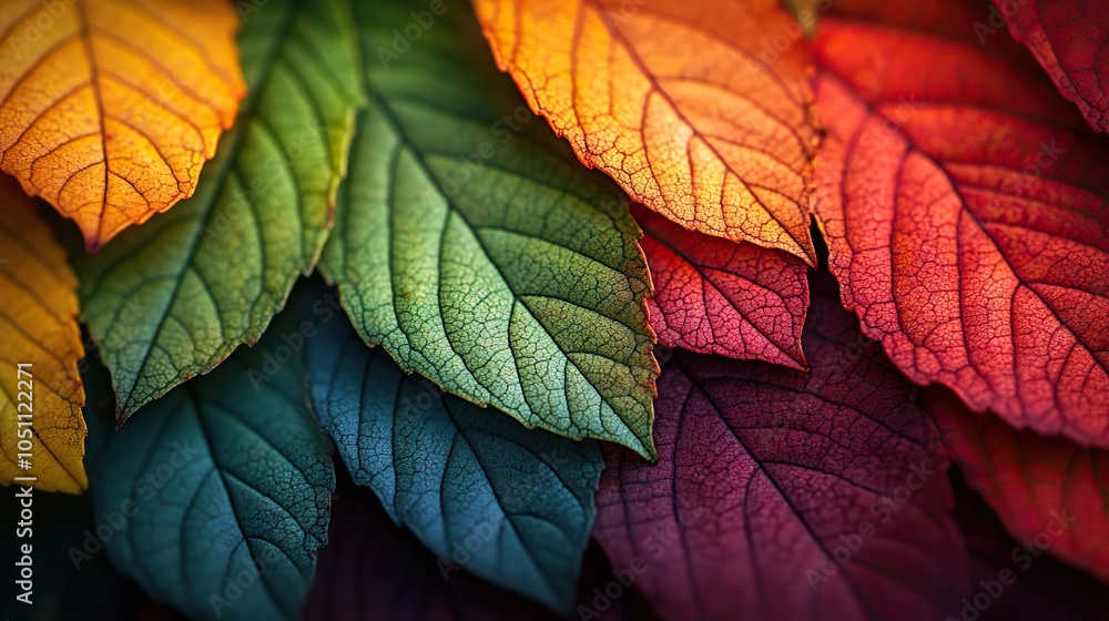Poster close-up of an autumn leaf edge, with blended colors from green to red, highlighting the textured su