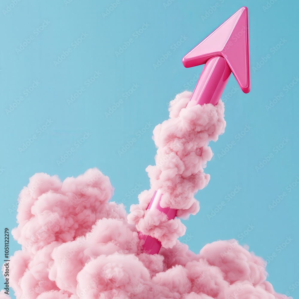 Poster dynamic growth exploring the symbolism of progress through a vibrant pink arrow and clouds