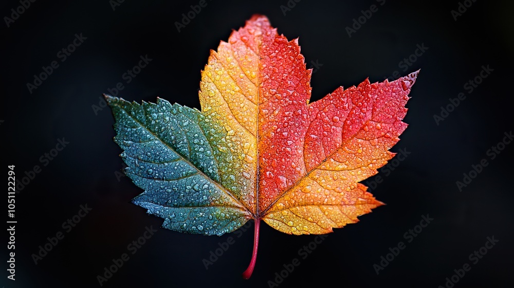 Poster close-up of an autumn leaf with vibrant colors transitioning from green to red, with dark background emphasizing the contrast.image