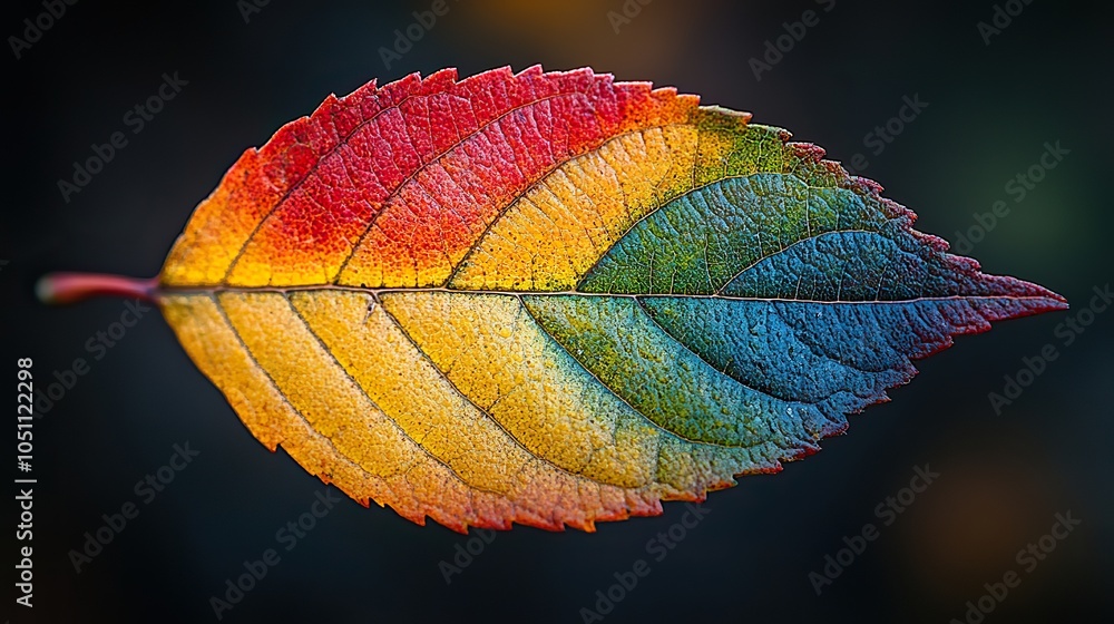 Aufkleber close-up of an autumn leaf with vibrant colors transitioning from green to red, with dark background