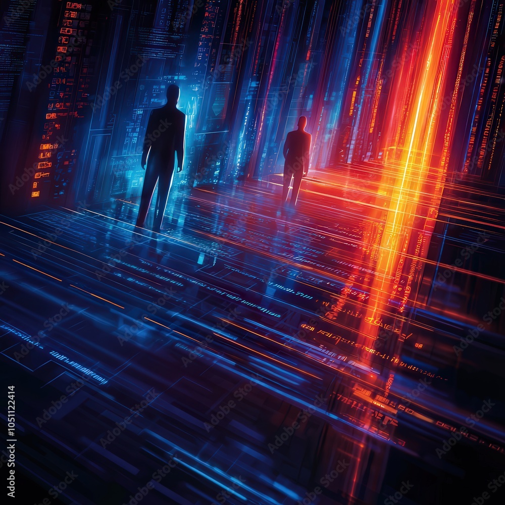 Poster exploring digital realities dual figures in a vivid tech landscape of light and color