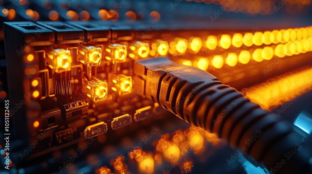 Aufkleber close-up of an internet cable being connected to network switch symbolizes dat transfer and digital connectivity.image