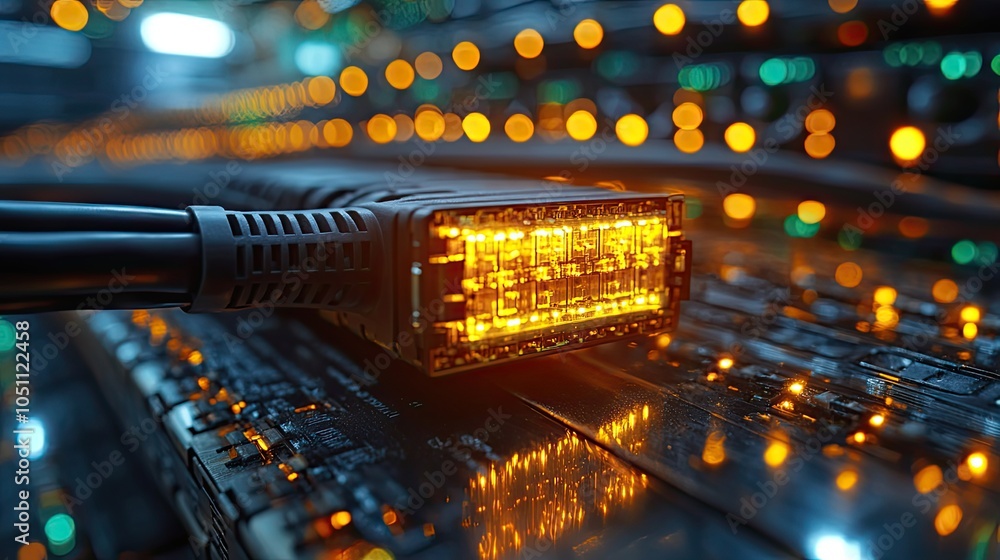 Poster close-up of an internet cable being connected to network switch symbolizes dat transfer and digital connectivity.stock photo