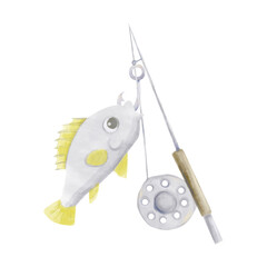 Watercolor Composition Illustration with Fish, Hook and Fishing Rod with Large Round Reel. Images for Use in Printing and Web.