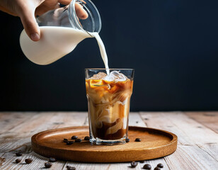 A close-up of a person adding milk to iced coffee in a glass, creating a creamy swirl in the...