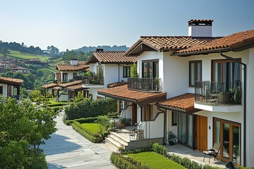 Obraz premium A row of white Mediterranean-style houses with red tile roofs.