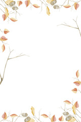 Watercolor Illustration Vertical Frame with Bare Branches and Twigs with Autumn Leaves. Image for Use in Packaging, Print, Web