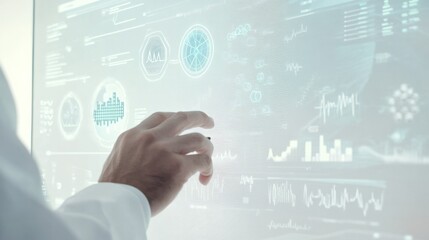 close-up view of a digital healthcare interface showing patient diagnosis data. Holographic elements illustrate medical graphs and statistics,
