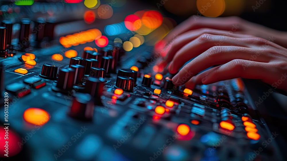Aufkleber close-up of hands typing on keyboard in control room, surrounded by advanced technology and equipmen