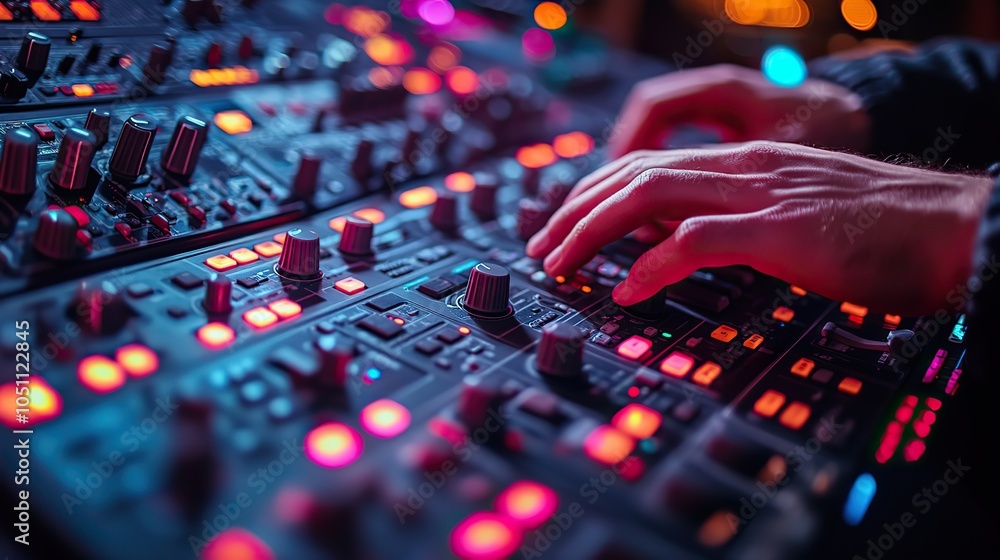 Poster close-up of hands typing on keyboard in control room, surrounded by advanced technology and equipmen