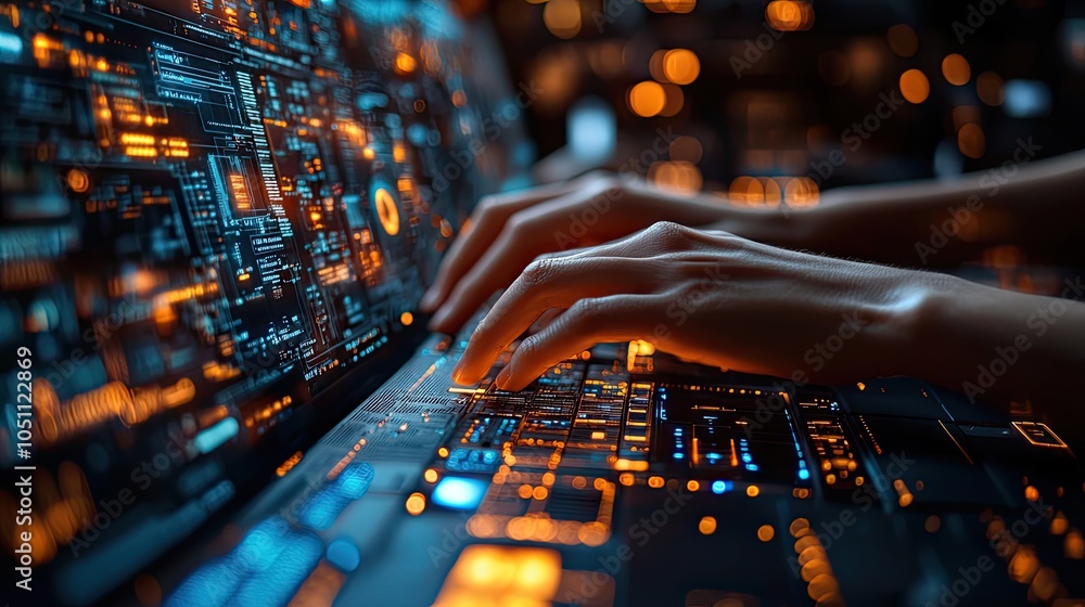 Poster close-up of hands typing on keyboard in control room, surrounded by advanced technology and equipmen