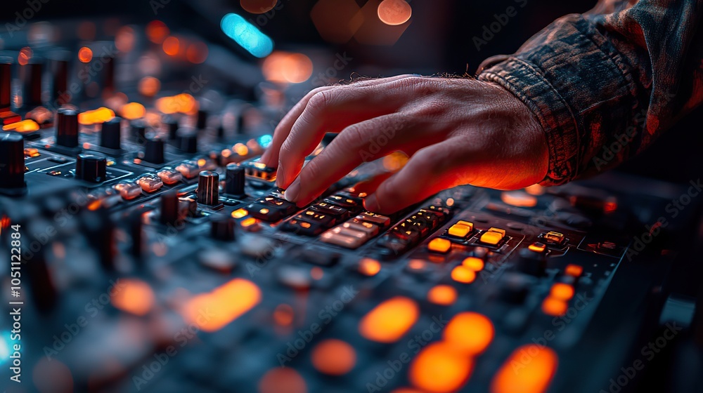 Poster close-up of hands typing on keyboard in control room, surrounded by advanced technology and equipmen