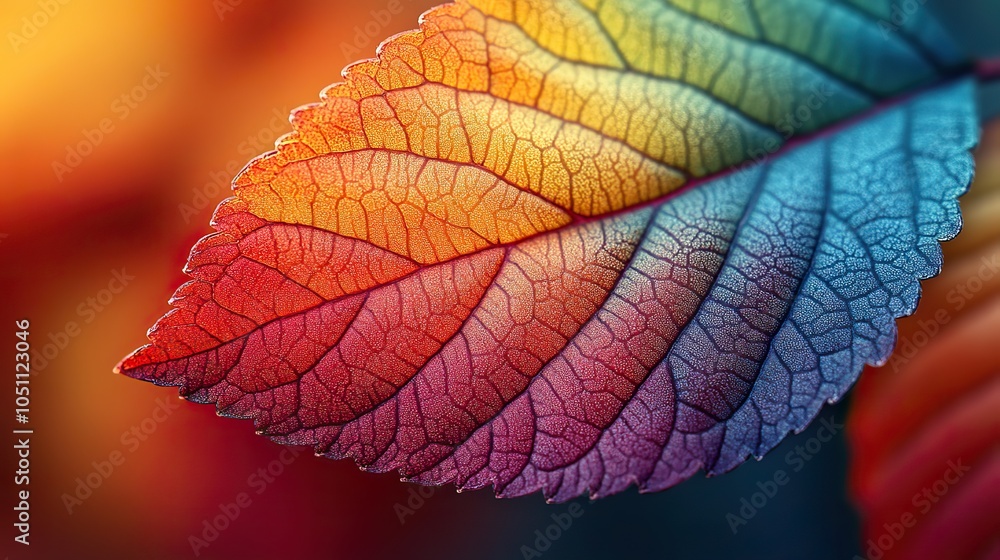 Poster close-up of the edge of an autumn leaf, with rich colors blending from green to red and yellow, creating gradient effect.image