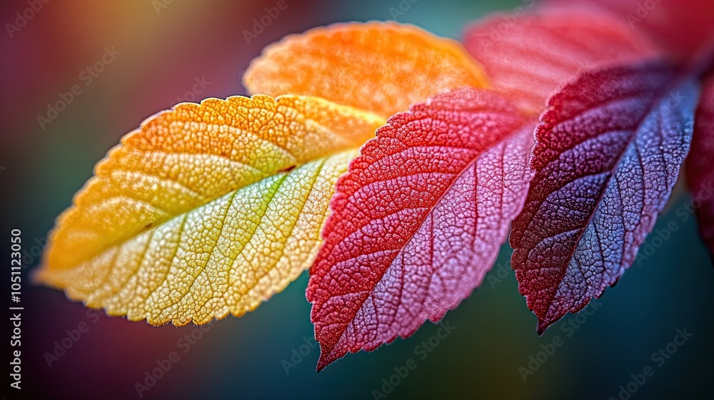 Aufkleber close-up of the edge of an autumn leaf, with rich colors blending from green to red and yellow, crea
