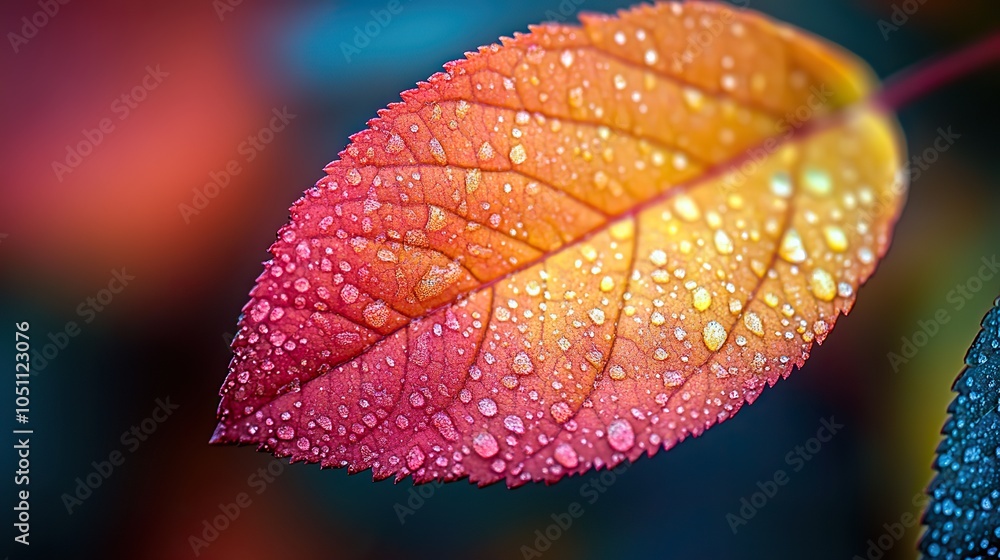 Poster close-up of the edge of an autumn leaf, with rich colors blending from green to red and yellow, creating gradient effect.stock photo