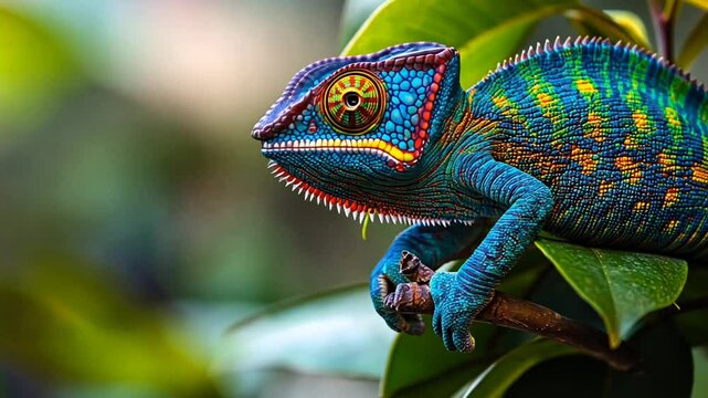 Vibrant Chameleon Perched on Branch in Close-Up View