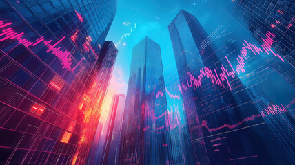 Obraz premium Real Estate Development and Investment Insights Using Financial Charts on City Skyscrapers