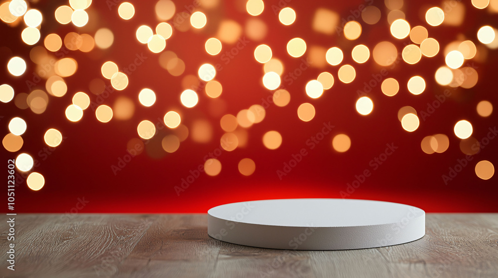 Poster clean white podium stands against deep red backdrop with festive bokeh lights, creating warm