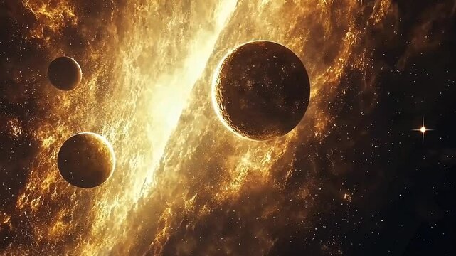 A stunning space scene with two planets surrounded by intense cosmic flames and radiant light.