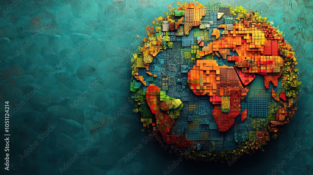 Poster collage of patterns forming the shape of Earth with geometric shapes representing the continents.illustration