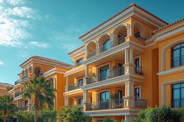 Obraz premium A row of yellow buildings with balconies and palm trees in front.
