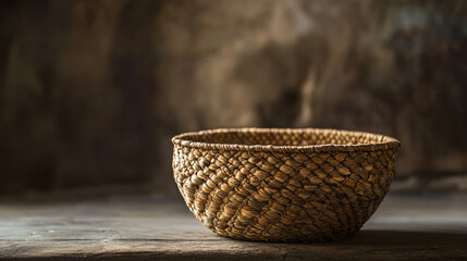Fototapeta premium closeup of a rustic woven brown basket on a wooden table with a blurred brown background