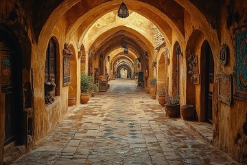 Fototapeta premium A narrow, arched passageway in a Middle Eastern city, bathed in warm sunlight.