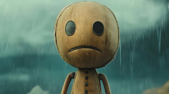 Wooden sad doll figure standing in the heavy rain,expressing deep melancholy,gloom,and despair with a somber and downcast expression. The doll represents solitude,loneliness.