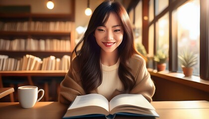 図書館で読書する女の子
