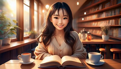 図書館で読書する女の子