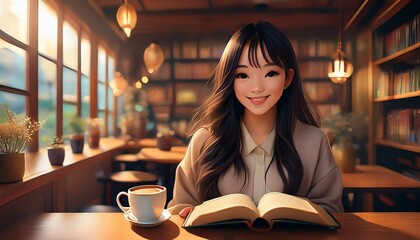 図書館で読書する女の子