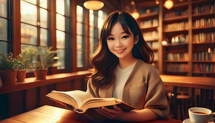 図書館で読書する女の子