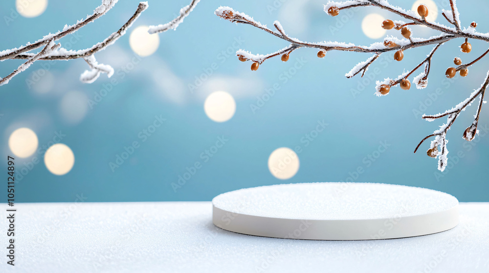 Poster minimalist podium with snowy branches and soft bokeh lights