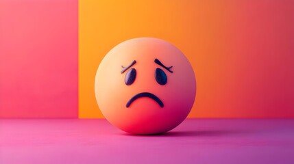 Sad,dejected emoticon or digital icon displayed against a vibrant gradient backdrop in shades of pink,orange and red. The image conveys a sense of melancholy,disappointment,and introspective mood.