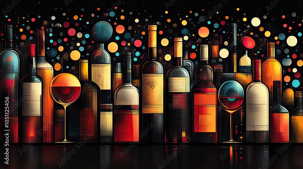 Poster colorful abstract featuring wine bottles and glasses, with dark gray background creating contrast an