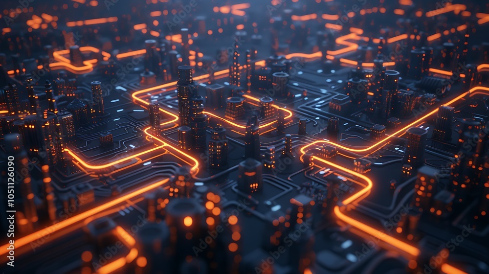 Poster Sprawling Futuristic Fuel Infrastructure Network with Glowing Pipelines and Robotic Monitoring